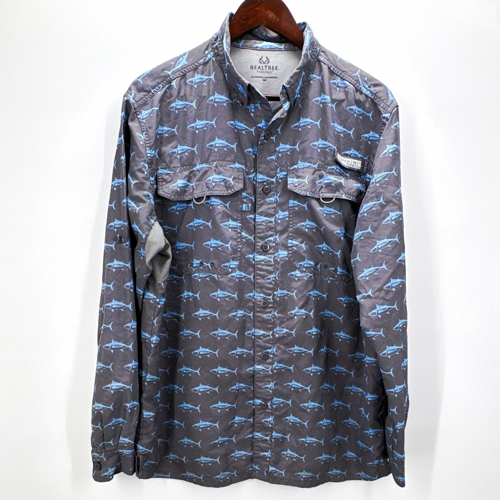 Realtree Mens M Gray/Blue Tuna Fish Print Button-Up LS Fishing Shirt Pockets